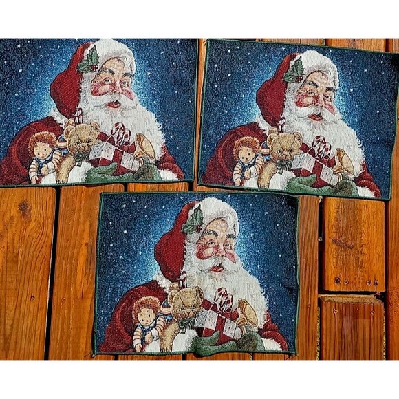 Vtg Set 3 Christmas Tapestry Placemats 17" x 13" Santa Sleigh Reindeer - Picture 2 of 6